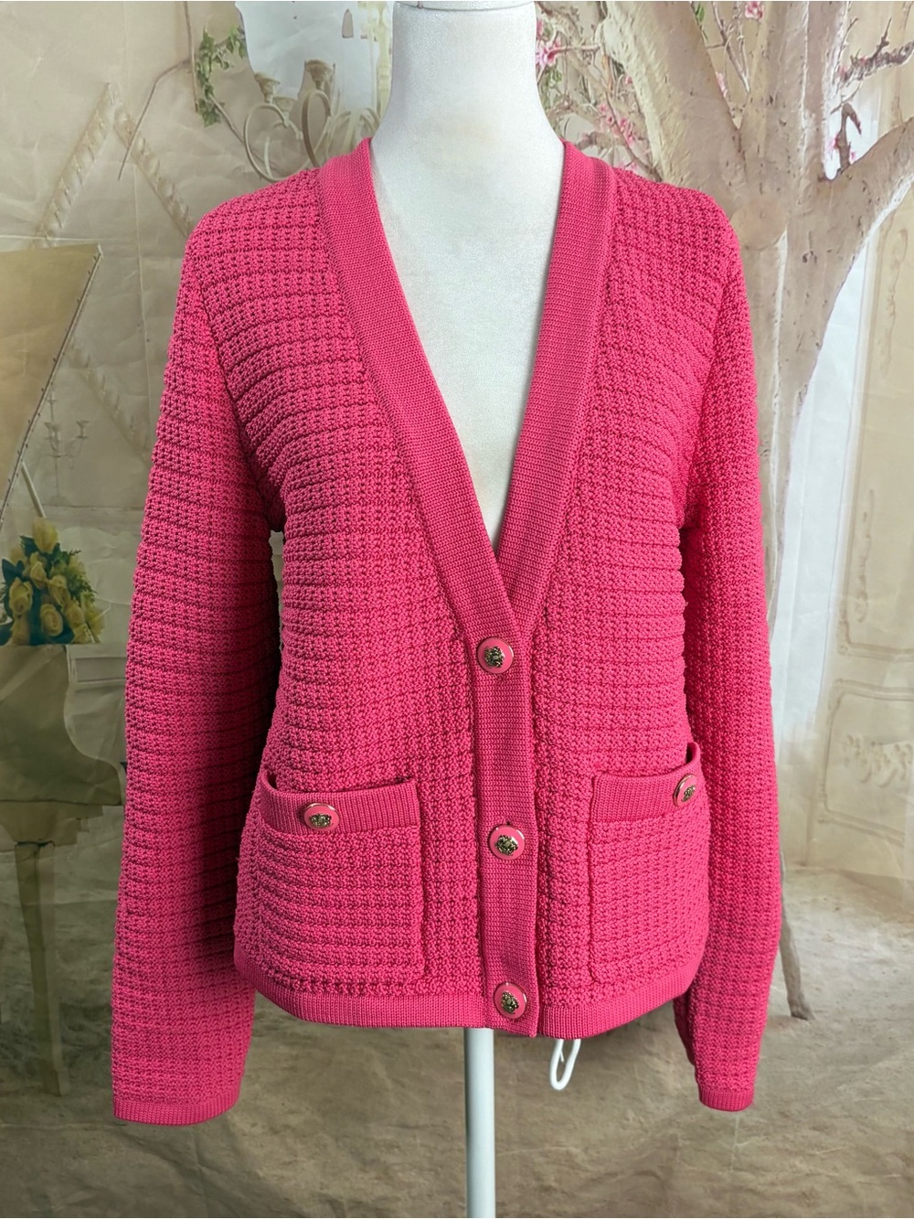 NEW Talbots Hot Pink Textured V-Neck Button Cardigan - Picture 2 of 11